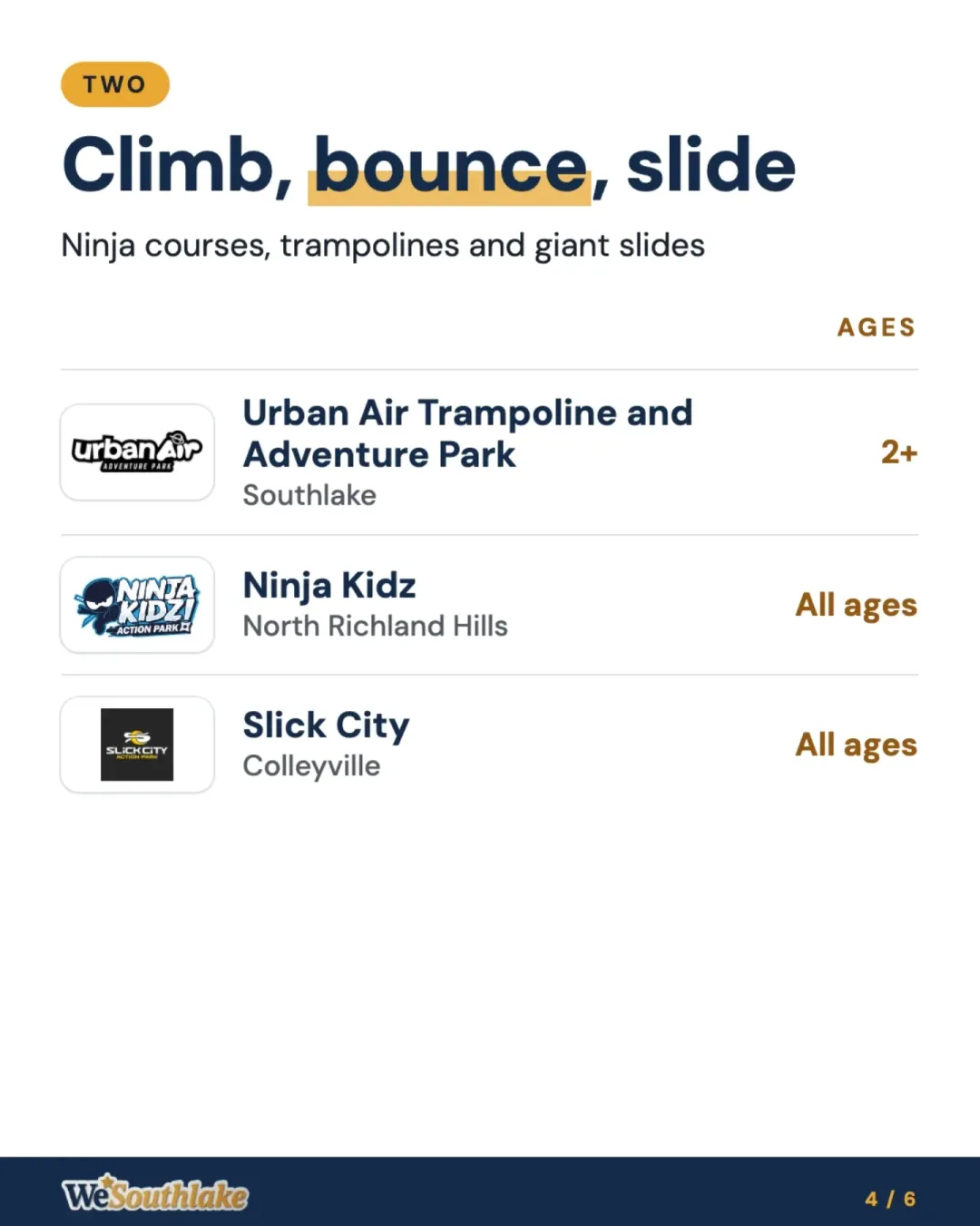 Group TWO, "Climb, bounce, slide" (Ninja courses, trampolines and giant slides), with each place's logo, town and ages: Urban Air Trampoline and Adventure Park; Ninja Kidz; Slick City.