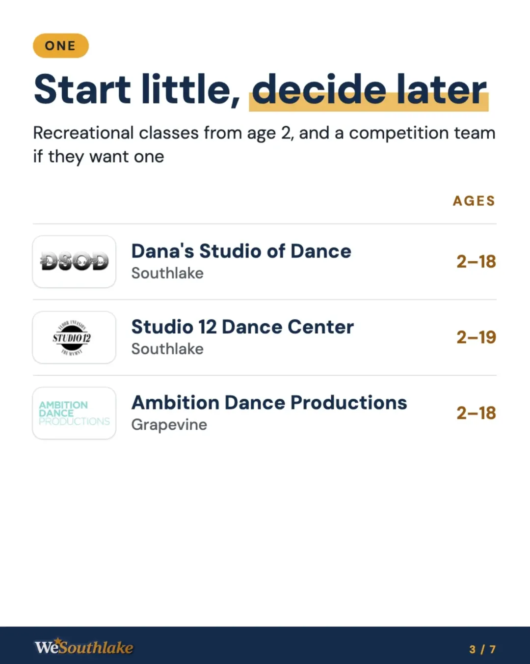 Group ONE, "Start little, decide later" (Recreational classes from age 2, and a competition team if they want one), with each place's logo, town and ages: Dana's Studio of Dance; Studio 12 Dance Center; Ambition Dance Productions.