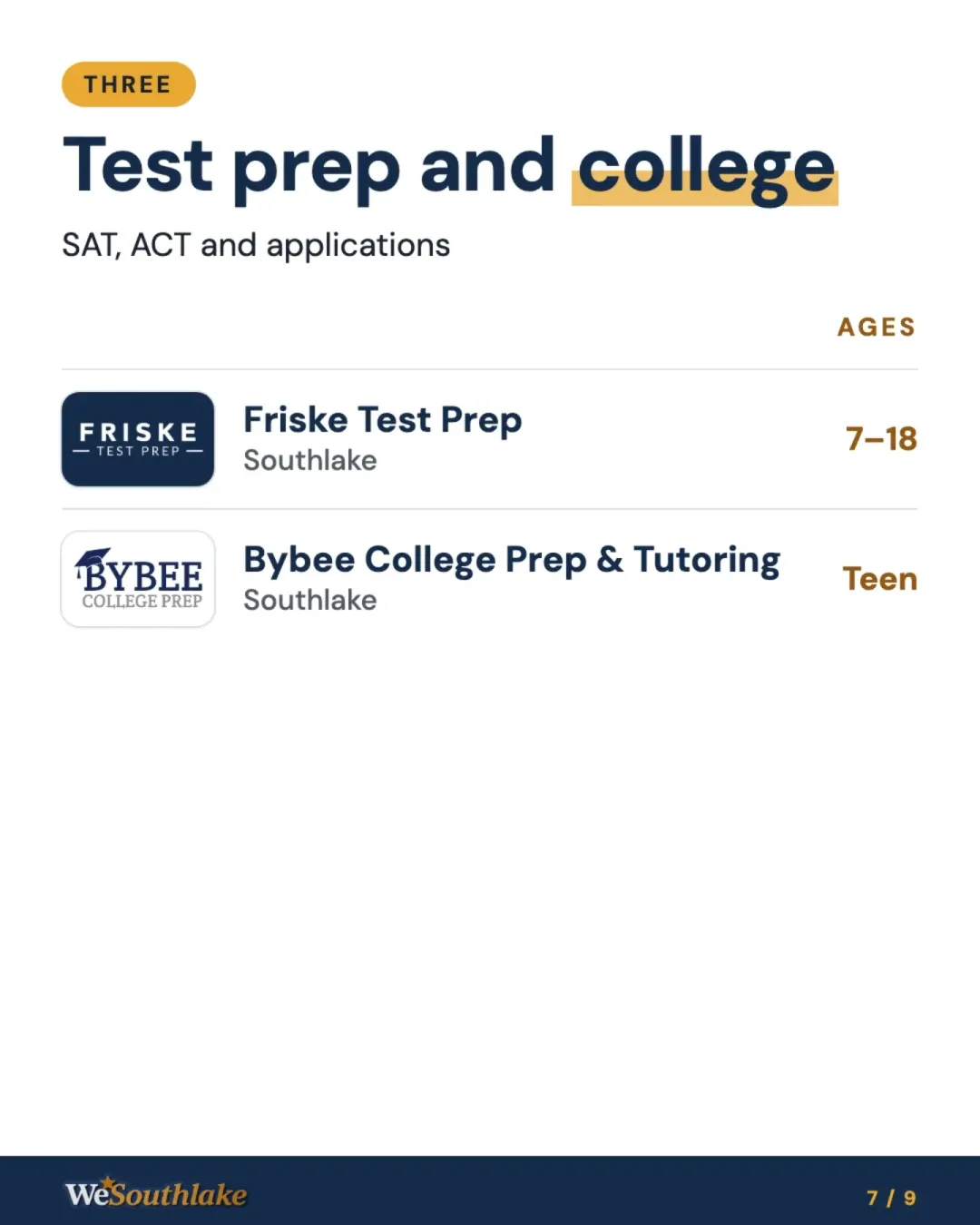 Group THREE, "Test prep and college" (SAT, ACT and applications), with each place's logo, town and ages: Friske Test Prep; Bybee College Prep & Tutoring.